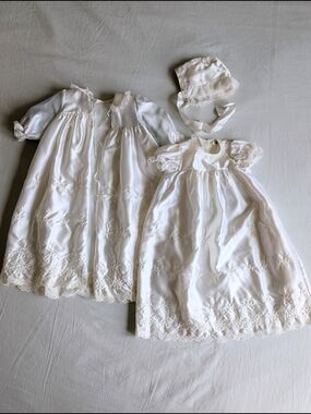 Vintage 3-Piece Christening Gown Ivory Satin with Eyelet Embroidery